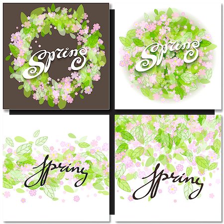 simsearch:400-08793224,k - Set of spring letters over pink flowers  and green eaves backgrounds. Vector illustration. Photographie de stock - Aubaine LD & Abonnement, Code: 400-08415223