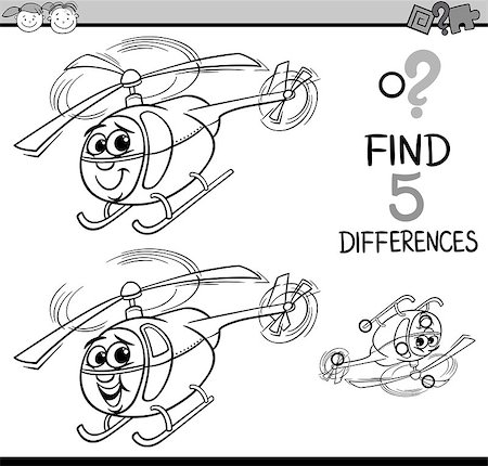 simsearch:400-08551227,k - Black and White Cartoon Illustration of Finding Differences Educational Task for Preschool Children with Helicopter Character for Coloring Book Stock Photo - Budget Royalty-Free & Subscription, Code: 400-08415247