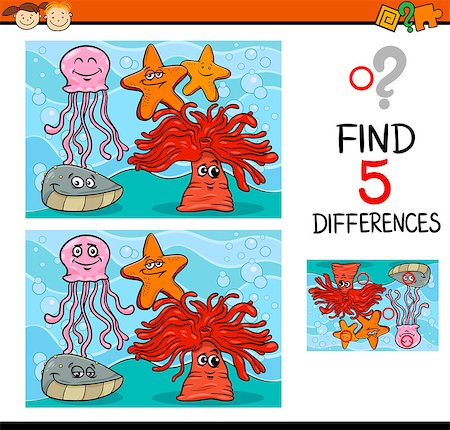 simsearch:400-08410906,k - Cartoon Illustration of Finding Differences Educational Task for Preschool Children with Sea Life Animal Characters Foto de stock - Super Valor sin royalties y Suscripción, Código: 400-08415254