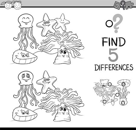 simsearch:400-08551227,k - Black and White Cartoon Illustration of Finding Differences Educational Task for Preschool Children with Sea Life Animal Characters for Coloring Book Stock Photo - Budget Royalty-Free & Subscription, Code: 400-08415255