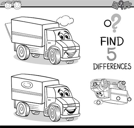 simsearch:400-08551227,k - Black and White Cartoon Illustration of Finding Differences Educational Task for Preschool Children with Truck Transport Character for Coloring Book Stock Photo - Budget Royalty-Free & Subscription, Code: 400-08415257