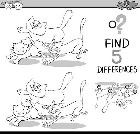 simsearch:400-08551227,k - Black and White Cartoon Illustration of Finding Differences Educational Task for Preschool Children with Running Cats for Coloring Book Stock Photo - Budget Royalty-Free & Subscription, Code: 400-08415253