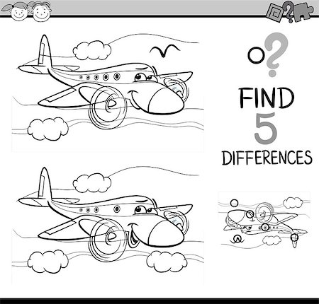 simsearch:400-08551227,k - Black and White Cartoon Illustration of Finding Differences Educational Task for Preschool Children with Plane Transport Character for Coloring Book Stock Photo - Budget Royalty-Free & Subscription, Code: 400-08415265