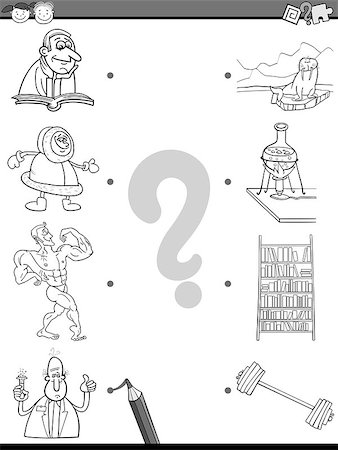 school black and white cartoons - Cartoon Illustration of Educational Matching Task for Preschool Children with People and Objects Coloring Book Stock Photo - Budget Royalty-Free & Subscription, Code: 400-08415266