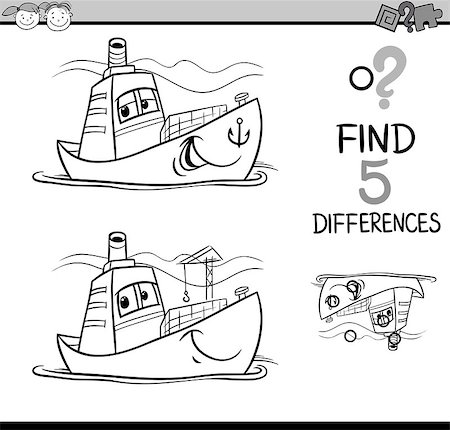 simsearch:400-08551227,k - Black and White Cartoon Illustration of Finding Differences Educational Task for Preschool Children with Container Ship Transport Character for Coloring Book Stock Photo - Budget Royalty-Free & Subscription, Code: 400-08415261