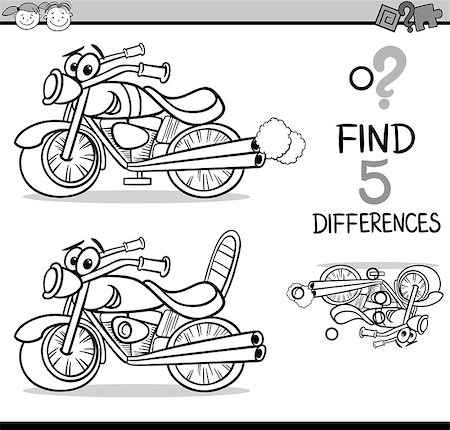 simsearch:400-08551227,k - Black and White Cartoon Illustration of Finding Differences Educational Task for Preschool Children with Bike Transport Character for Coloring Book Stock Photo - Budget Royalty-Free & Subscription, Code: 400-08415263