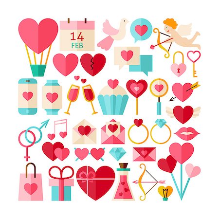simsearch:400-08836108,k - Big Collection of Valentine Day Objects. Flat Design Vector Illustration. Set of Love Wedding Colorful Items. Foto de stock - Super Valor sin royalties y Suscripción, Código: 400-08415381