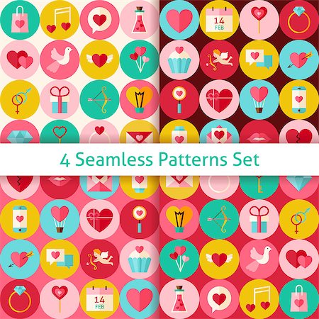 Four Happy Valentine Day Seamless Patterns Set with Circles. Love Flat Design Vector Illustration. Background. Set of Wedding Items. Photographie de stock - Aubaine LD & Abonnement, Code: 400-08415418