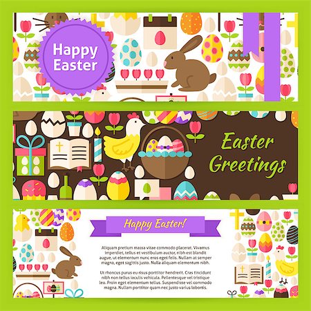 pollo a la cazadora - Happy Easter Template Banners Set in Modern Style. Flat Design Vector Illustration of Brand Identity for Spring Promotion. Religious Holiday Colorful horizontal Pattern for Advertising. Foto de stock - Super Valor sin royalties y Suscripción, Código: 400-08415428