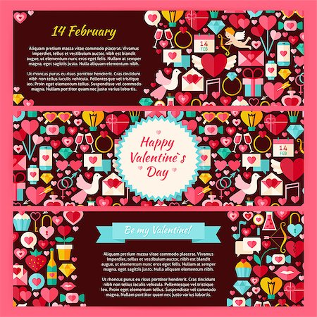 simsearch:400-08836108,k - Happy Valentine Day Horizontal Banners Set. Flat Design Vector Illustration of Brand Identity for Love Holiday Promotion. Colorful Pattern for Advertising. Foto de stock - Super Valor sin royalties y Suscripción, Código: 400-08415434