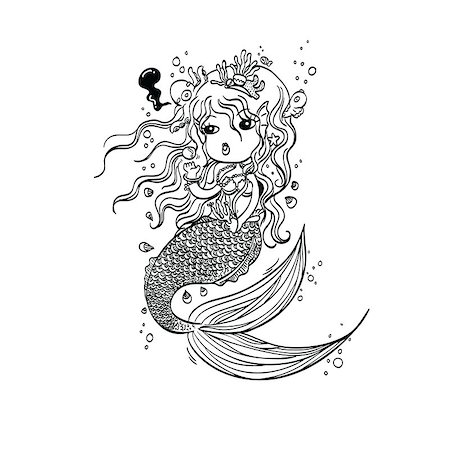 Vector Illustration of Little Mermaid Under the Sea Hand Drawn, Doodle Cartoon Character for Coloring Stock Photo - Budget Royalty-Free & Subscription, Code: 400-08415462