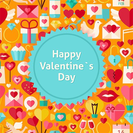 Happy Valentine Day Background. Flat Style Vector Illustration for Wedding Promotion Template. Colorful Love Holiday Objects for Advertising. Photographie de stock - Aubaine LD & Abonnement, Code: 400-08416035