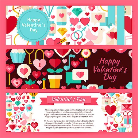 simsearch:400-08836108,k - Happy Valentine Day Template Banners Set in Modern. Flat Design Vector Illustration of Brand Identity for Love Promotion. Holiday Colorful horizontal Pattern for Advertising. Foto de stock - Super Valor sin royalties y Suscripción, Código: 400-08416044