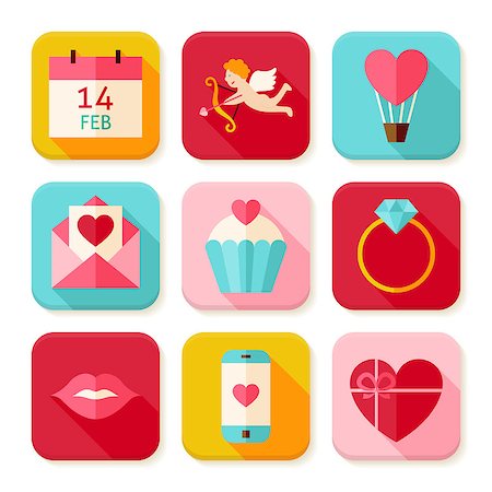 Happy Valentine Day Square App Icons Set. Flat Design Vector Illustration. Love Colorful Objects. Icons for Website and Mobile Application. Photographie de stock - Aubaine LD & Abonnement, Code: 400-08416043