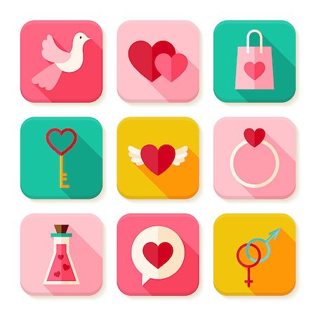 Love Valentine Day Square App Icons Set. Flat Design Vector Illustration. Happy Valentine Day Colorful Objects. Icons for Website and Mobile Application. Photographie de stock - Aubaine LD & Abonnement, Code: 400-08416066