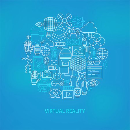 Thin Line Virtual Reality Icons Set Circle Concept. Vector Illustration of Technology Modern Augmented Reality Gadgets over Blue Blurred Background. Stock Photo - Budget Royalty-Free & Subscription, Code: 400-08416079