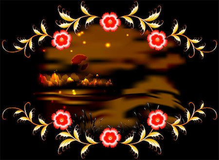 flowers in moonlight - Mountains, lake and ornament on dark moonlit night. EPS10 vector illustration. Stock Photo - Budget Royalty-Free & Subscription, Code: 400-08410275