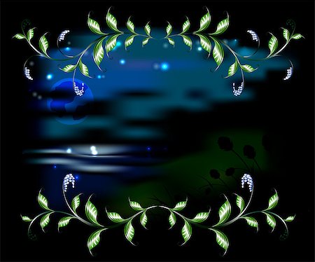 flowers in moonlight - Landscape in the frame of branches with leaves. EPS10 vector illustration. Stock Photo - Budget Royalty-Free & Subscription, Code: 400-08410278