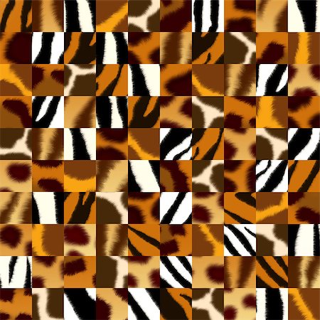 simsearch:400-05087373,k - Seamless background with illustration of fluffy skin of wild animals: jaguar; leopard; cheetah; giraffe; tiger; zebra. Endless texture can be used for wallpaper, pattern fills, web page background, surface textures Stock Photo - Budget Royalty-Free & Subscription, Code: 400-08410394