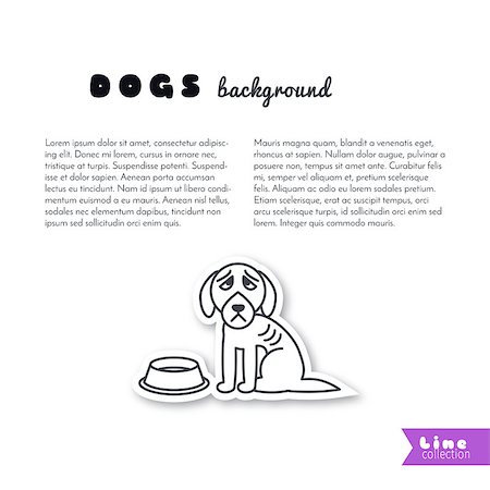 simsearch:400-08346248,k - Poor hungry dog sits near empty bowl. Vector line sticker on white background. Page template for your design with space for text. Stock Photo - Budget Royalty-Free & Subscription, Code: 400-08410508