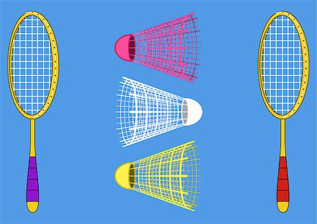 Set objects of sporting equipment for badminton game: two rackets and three shuttlecocks on blue background. Vector Foto de stock - Super Valor sin royalties y Suscripción, Código: 400-08410875