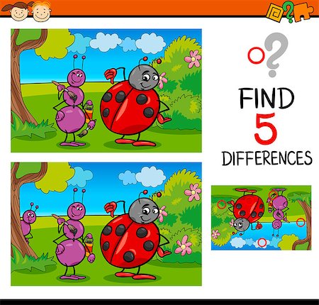 simsearch:400-08410906,k - Cartoon Illustration of Finding Differences Educational Task for Preschool Children with Ant and Ladybug Insect Characters Foto de stock - Super Valor sin royalties y Suscripción, Código: 400-08410916