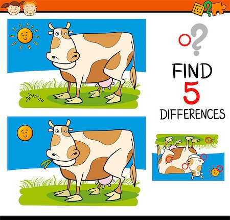 simsearch:400-08410906,k - Cartoon Illustration of Finding Differences Educational Task for Preschool Children with Cow Farm Animal Character Foto de stock - Super Valor sin royalties y Suscripción, Código: 400-08410910