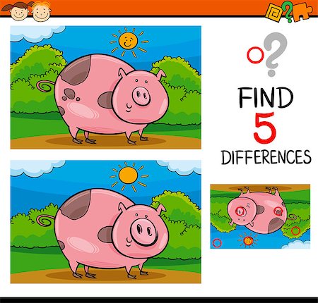 simsearch:400-08410906,k - Cartoon Illustration of Finding Differences Educational Task for Preschool Children with Pig Farm Animal Character Foto de stock - Super Valor sin royalties y Suscripción, Código: 400-08410911