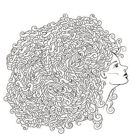female drawn faces and hair - Vector girl with abstract flower garland on the head. Uncolored contour pattern. Can be used as adult coloring book, card, invitation, t-shirt print. young pretty girl with doodle hairs. Stock Photo - Budget Royalty-Free & Subscription, Code: 400-08411053
