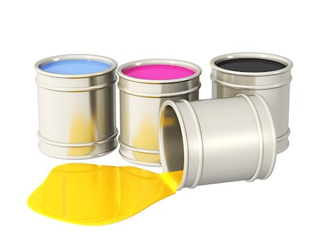 falling paint bucket - Palette CMYK. Four bucket with paint of magenta, blue, black and yellow colors. Objects isolated on white background Stock Photo - Budget Royalty-Free & Subscription, Code: 400-08411243