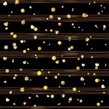 simsearch:400-08411543,k - Seamless pattern of random gold balls and hearts on trendy black background with brown stripes. Elegant pattern for background, textile, paper packaging and other design. Vector illustration. Photographie de stock - Aubaine LD & Abonnement, Code: 400-08411355