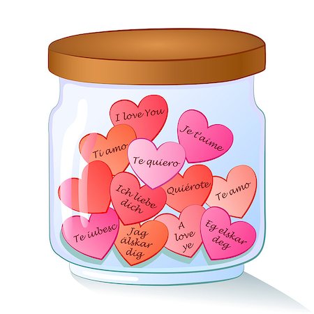 simsearch:400-08410647,k - Love bottle jar with pink hearts inside. I Love You text in european languages. Valentine card. Vector illustration. Stockbilder - Microstock & Abonnement, Bildnummer: 400-08411471