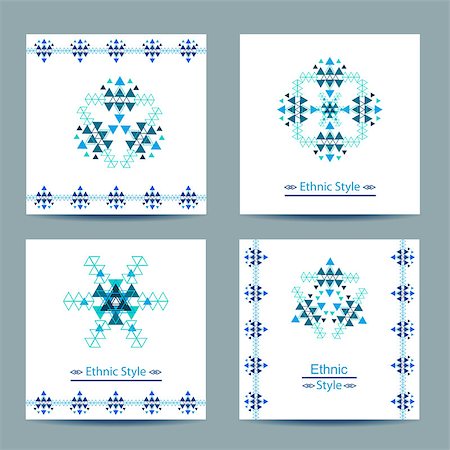 Set of four white square cards with ethnic design. Stylish geometric backgrounds. Templates for invitations, postcards with ornaments. Vector illustration. Stock Photo - Budget Royalty-Free & Subscription, Code: 400-08411652