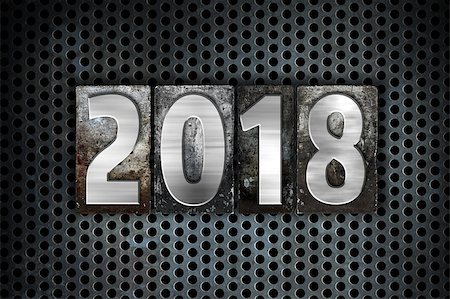 enterlinedesign (artist) - The word "2018" written in vintage metal letterpress type on a black industrial grid background. Stock Photo - Budget Royalty-Free & Subscription, Code: 400-08412055