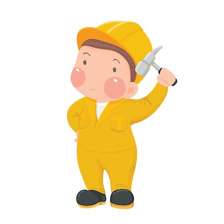 Vector Illustration of Service Mechanic Worker in Yellow Work wear and Helmet holding Hammer Cartoon Character on White Background Photographie de stock - Aubaine LD & Abonnement, Code: 400-08412434