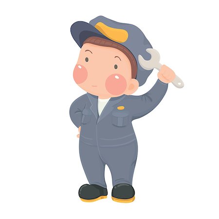 Vector Illustration of Service Mechanic Worker in Gray Work wear holding Wrench Cartoon Character on White Background Photographie de stock - Aubaine LD & Abonnement, Code: 400-08412439