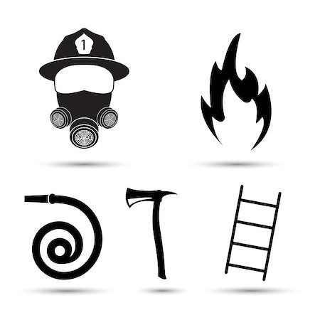 simsearch:400-06392786,k - Fire fighter equipment icons vector set isolated on white background. Black silhouette of fire fighter, hydrant, axe and ladder Fotografie stock - Microstock e Abbonamento, Codice: 400-08412433