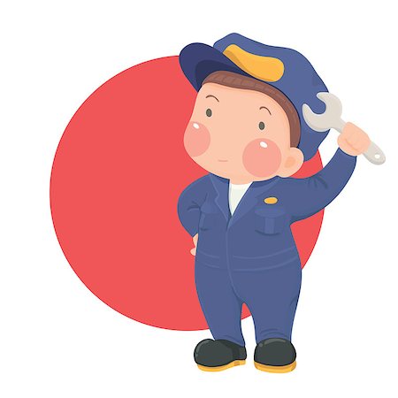 Vector Illustration of Service Mechanic Man with Wrench in Blue Work Wear on Red Circle Background, Cartoon Character Photographie de stock - Aubaine LD & Abonnement, Code: 400-08412440