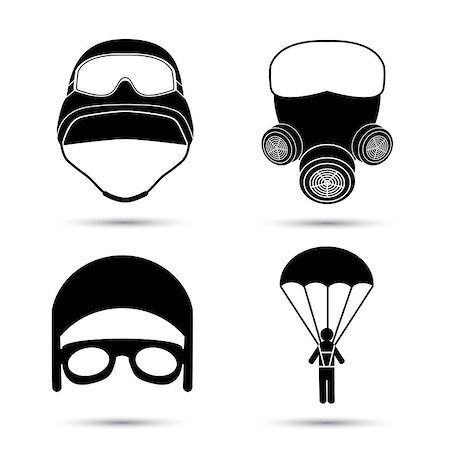 sky-diver (male) - Military Icons. Vector set isolated on white. Helmet, gas mask, parachute Stock Photo - Budget Royalty-Free & Subscription, Code: 400-08412948