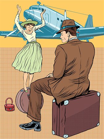 The girl on the suitcase. Passengers at the airport pop art retro style. Tourism and passenger transportation Fotografie stock - Microstock e Abbonamento, Codice: 400-08412951