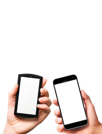 modern smartphones with blank screens in male and female hands isolated on white background Stock Photo - Budget Royalty-Free & Subscription, Code: 400-08413327