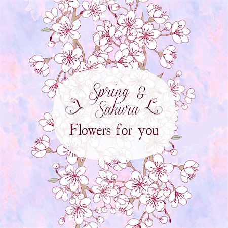 Background with sakura. Hand drawn spring blossom trees. Vector illustration with cherry blossoms. Stock Photo - Budget Royalty-Free & Subscription, Code: 400-08413468