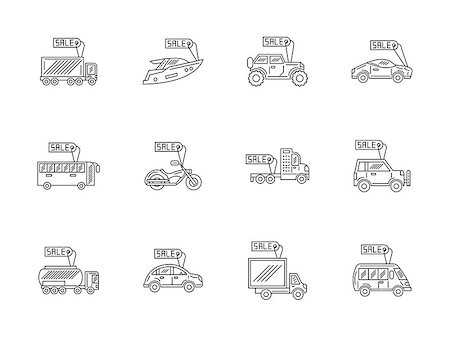 simsearch:400-08413489,k - Rent and sale vehicles. Online car store, e-business. Transport with tags. Set of flat line style vector icons. Elements of web design for business, website or mobile app. Stock Photo - Budget Royalty-Free & Subscription, Code: 400-08413489