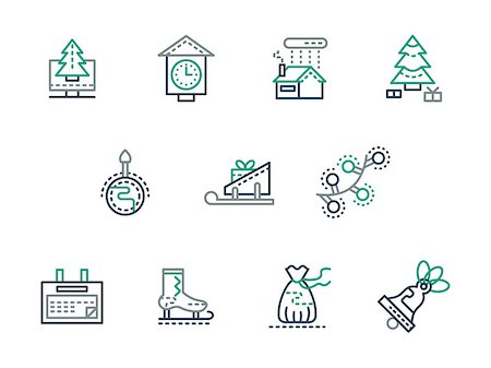 Set of simple gray and green color vector icons for winter and Christmas holidays. Winter rest, outside leisure, tradition. Elements of web design for business, website and mobile. Foto de stock - Super Valor sin royalties y Suscripción, Código: 400-08413499