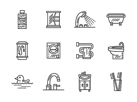 simsearch:400-09172481,k - Accessories and furniture for bathroom. Comfortable home interior. Restroom, washing room, WC. Set of black simple line vector icons. Web design elements for business, website and mobile. Stockbilder - Microstock & Abonnement, Bildnummer: 400-08413490
