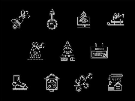 New Year celebration. Christmas accessories and symbols. Collection of white line style vector icon on black background. Web design elements for business, website and mobile. Stock Photo - Budget Royalty-Free & Subscription, Code: 400-08413505