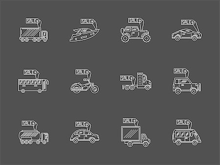 simsearch:400-08413489,k - Vector collection of white thin line style icons for car business on black background. Sale and rent vehicles. Cars with price tags. Elements of web design for business, website and mobile. Stock Photo - Budget Royalty-Free & Subscription, Code: 400-08413502