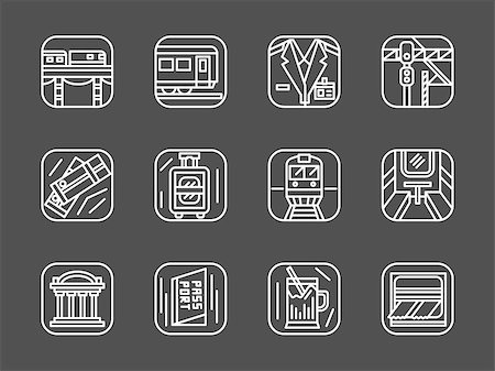 pictograms trains - Railroad, railway station, passenger services. Transportation industry. Set of stylish white line vector icons on black background. Elements of web design for business, website and mobile. Stock Photo - Budget Royalty-Free & Subscription, Code: 400-08413518