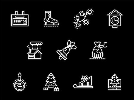 simsearch:400-08413509,k - Winter holidays greeting white simple line style icons collection on black background. Merry Xmas and Happy New Year. Elements of web design for business, website and mobile. Foto de stock - Super Valor sin royalties y Suscripción, Código: 400-08413528