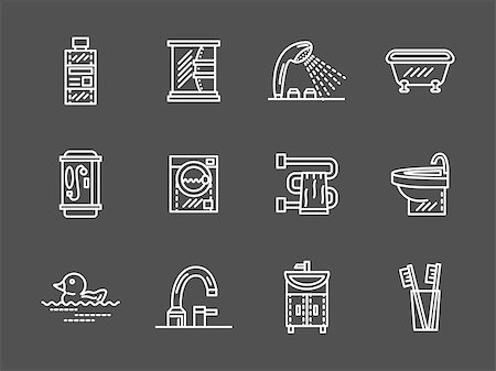 simsearch:400-07053921,k - Sanitary ware, mirror with shelf, bath, dryer, washing machine and other bathroom objects. Home interior. White line vector icons on black background. Web design for business, website and mobile. Photographie de stock - Aubaine LD & Abonnement, Code: 400-08413536